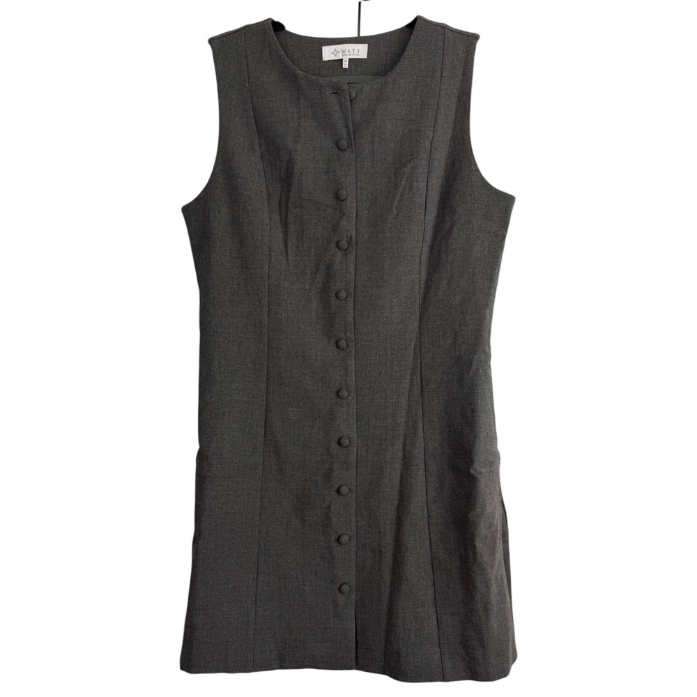 WAYF Charcoal Grey Button‎ Front Sleeveless Mini Dress Med Pockets NWOT Career